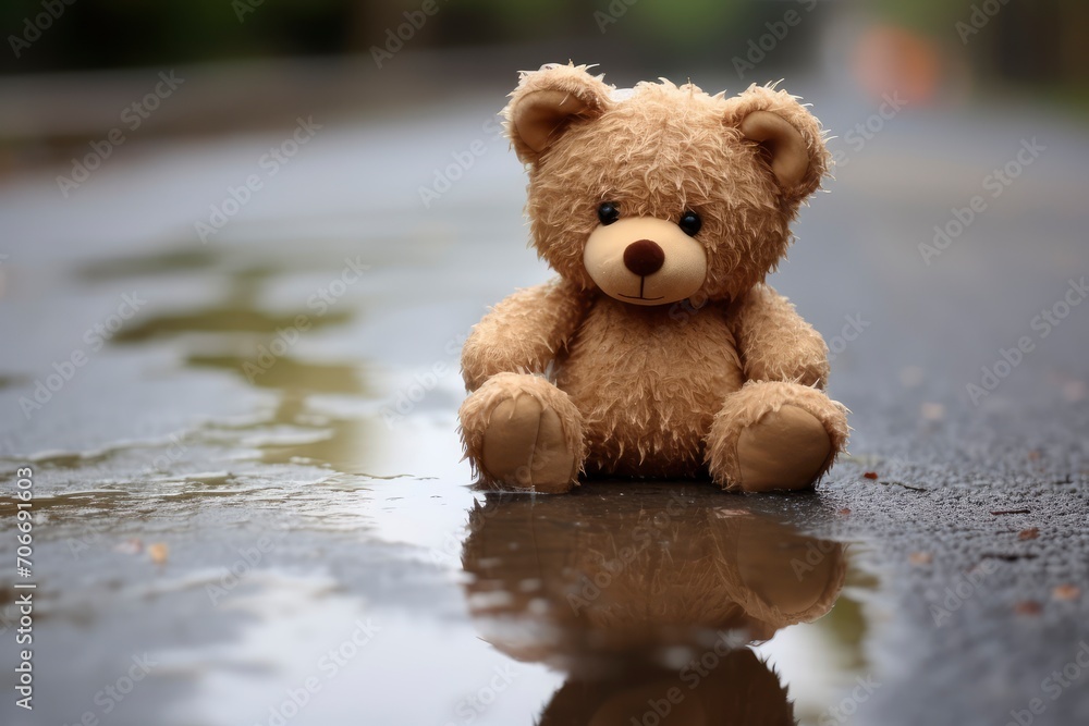 Solitary Teddy Bear on Wet Asphalt Solitary Teddy Bear on Wet Asphalt