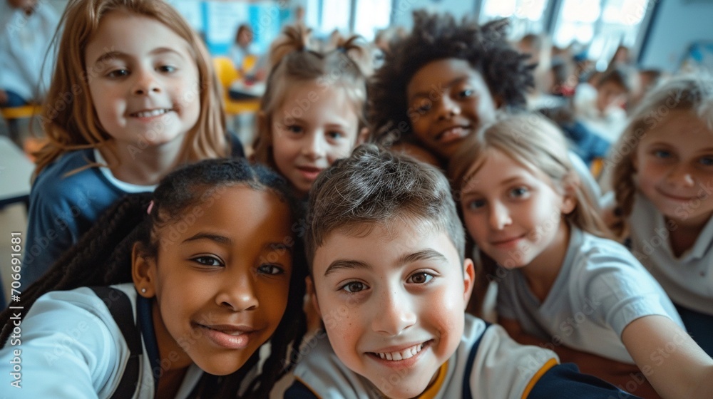 Class selfie in an elementary school. Kids taking a picture together in a co-ed school in a classroom. Class selfie in an elementary school. Kids taking a picture together in a co-ed school in a classroom.