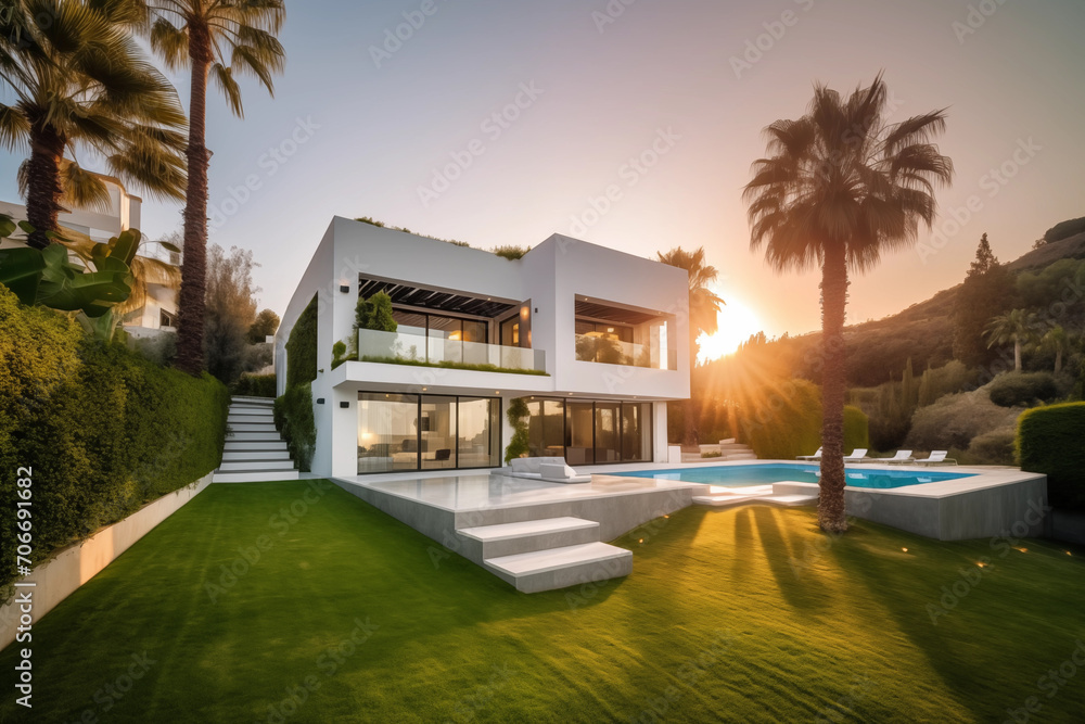 Villa with swimming pool. Spanish house Real Estate. Villa in Costa Blanca, Spain. Modern apartment buildings, House Facade exterior design. Luxury Villa exterior with green garden and palm trees.