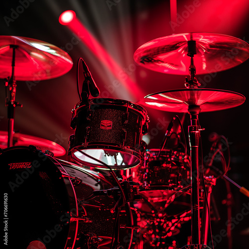 a close-up of a drum set bathed in red stage lighting, highlighting the reflective surfaces of the cymbals and drums