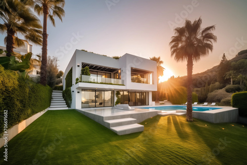 Villa with swimming pool. Spanish house Real Estate. Villa in Costa Blanca, Spain. Modern apartment buildings, House Facade exterior design. Luxury Villa exterior with green garden and palm trees. © MaxSafaniuk