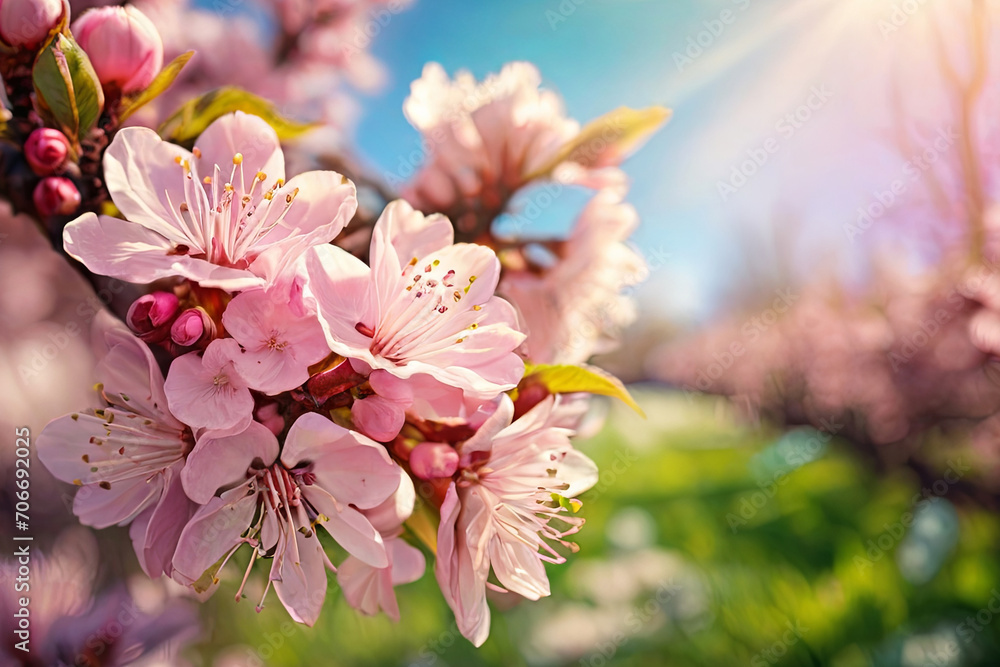 Spring blossom border. Nature's beauty with blooming tree, sun flare, and abstract blurred background. Perfect for Easter and spring-themed visuals.
