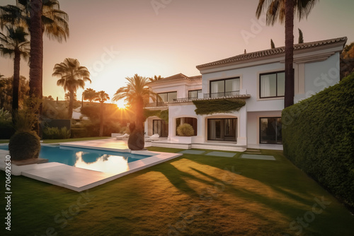 Villa with swimming pool. Spanish house Real Estate. Villa in Costa Blanca, Spain. Modern apartment buildings, House Facade exterior design. Luxury Villa exterior with green garden and palm trees. © MaxSafaniuk