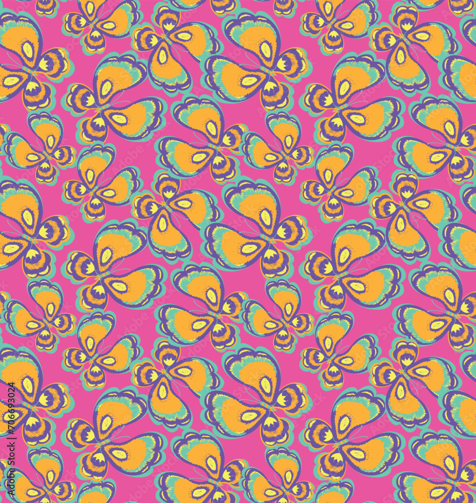 Retro groovy butterflies seamless pattern on pink background. Butterfly ornament For girl textile, fashion fabric and stationary, wrapping paper.