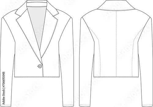 single button v neck long sleeve short blazer jacket template technical drawing flat sketch cad mockup fashion woman design style model photo