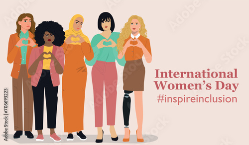 Confident business woman of different ethnicity stand together. Concept of woman, femininity, diversity, independence and equality. Vector illustration.