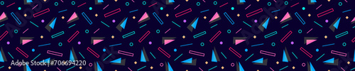 Abstract purple memphis 3d seamless pattern. Geometric tracery with abstract pyramid and square lines with yellow triangle colorful retro vector decoration.