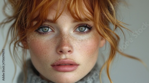 Portrait of a beautiful serious red-haired young girl in close-up