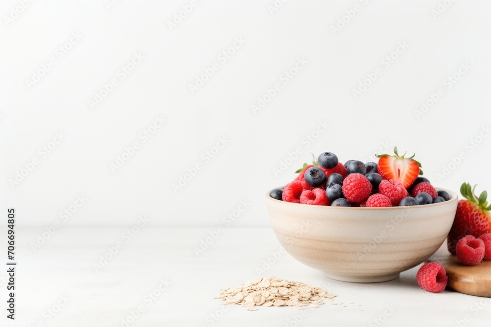 oatmeal with berries in a bowl breakfast on white minimal kitchen with natural light in the morning copy space. Healthy lifestyle. oatmeal with berries in a bowl breakfast on white minimal kitchen with natural light in the morning copy space. Healthy lifestyle.