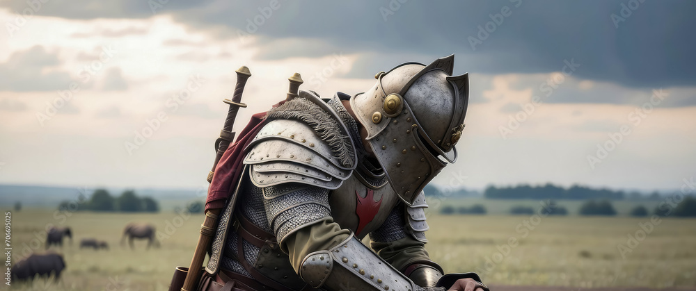 A knight in full armor kneels on the ground in a field of grass. He wears a metal helmet and stares down - obrazy, fototapety, plakaty 
