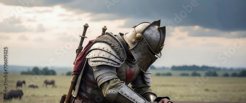 A knight in full armor kneels on the ground in a field of grass. He wears a metal helmet and stares down photo