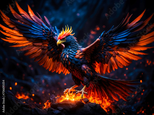 Phoenix Bird, Born of Fire, Illustration: A Majestic Display of Rebirth Amidst Flames, Restoring the Fallen World with Every Fiery Plume and Ember’s Glow © alexis inzo