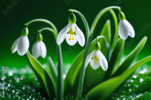 Blooming snowdrops on a green background. White spring flowers.