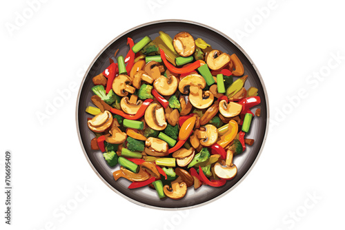 Stir fried Vegetables in black plate, mushroom, menu, top view, vector illustration isolated on white background