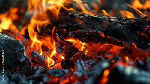 Vivid flames engulf charred wood in a closeup of a fiery blaze