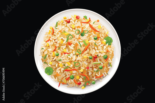 Aromatic Fried Rice: A plate of delicious fried rice with vegetables isolated on back background, a tempting culinary delight