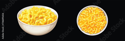 Set of bowl of macaroni and cheese, menu, vector illustration isolated on black background