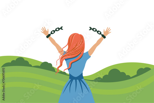 Woman with broken chains on her hands. Symbol of freedom and fight against broken shackles as protest and revolution for vector equality