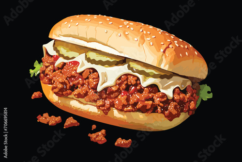 Tasty sandwich sloppy Joe, menu, vector illustration isolated on black background