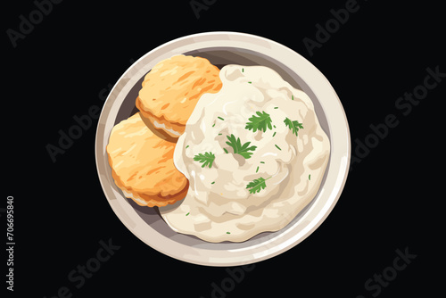 American biscuits covered with thick white sausage gravy, menu, vector illustration isolated on black background