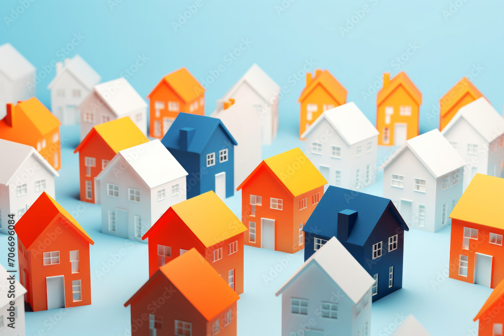 Colorful model houses in Scandinavian style standing on light blue background Colorful model houses in Scandinavian style standing on light blue background