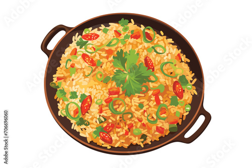 fried rice on pan, Thai food, menu, top view, isolated on white background