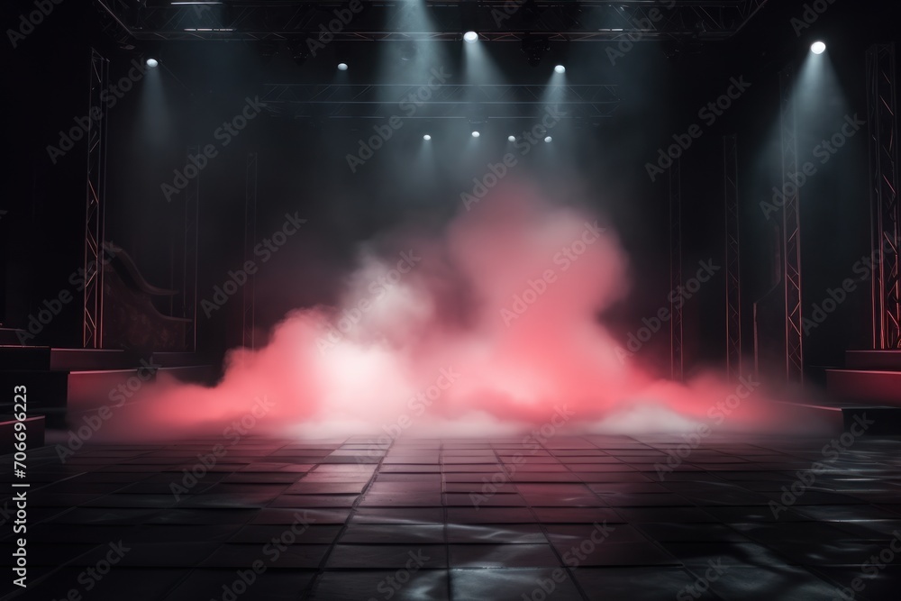 The dark stage shows, empty coral, peach, salmon background, neon light, spotlights, The asphalt floor and The dark stage shows, empty coral, peach, salmon background, neon light, spotlights, The asph
