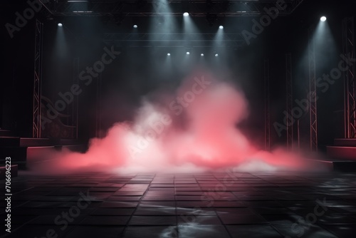 The dark stage shows, empty coral, peach, salmon background, neon light, spotlights, The asphalt floor and The dark stage shows, empty coral, peach, salmon background, neon light, spotlights, The asph