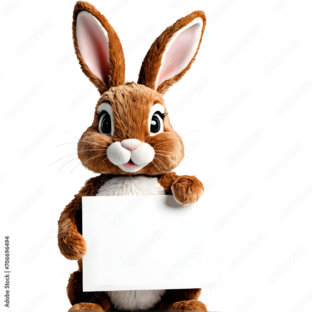 Obraz premium cute stuffed bunny holding a empty sign isolated against transparent background 