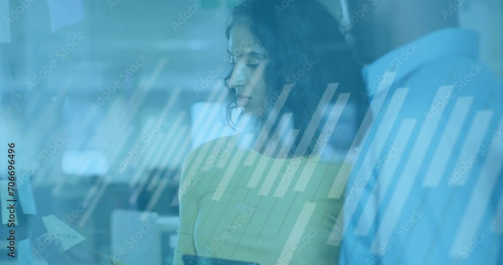 Animation of graph over diverse coworkers discussing strategy on sticky notes in office Animation of graph over diverse coworkers discussing strategy on sticky notes in office