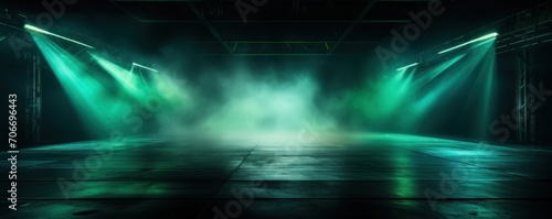 The dark stage shows, empty emerald, teal, lime background, neon light, spotlights, The asphalt floor and studio room with smoke