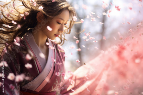 Ethereal woman in a pink kimono holding sakura blossoms. photo
