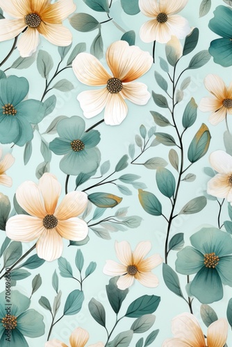 Teal pastel template of flower designs with leaves and petals