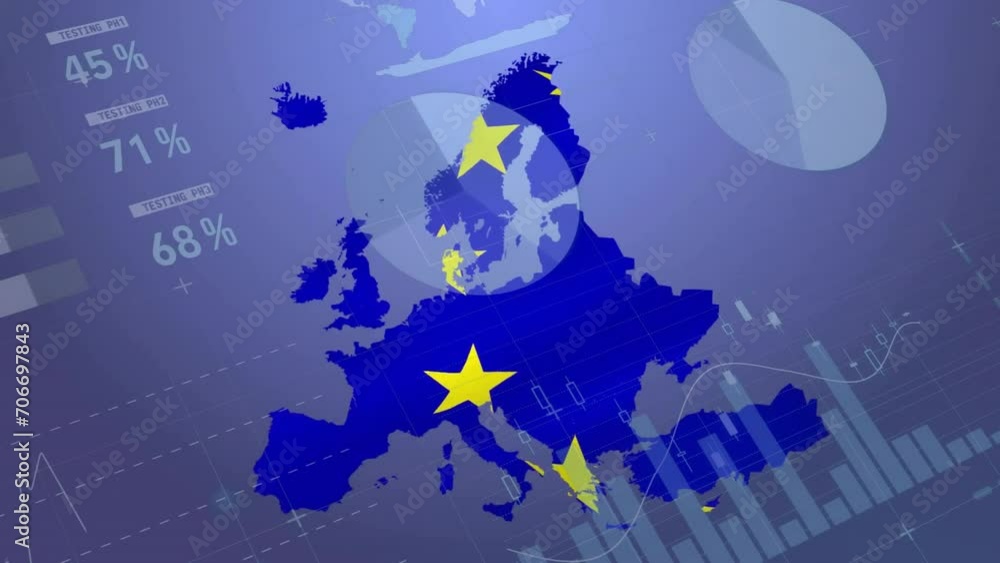 Animation of financial data processing and flag of european union Animation of financial data processing and flag of european union