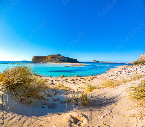 Fototapeta Naklejka Na Ścianę i Meble -  Amazing view of Balos Lagoon with magical turquoise waters, lagoons, tropical beaches of pure white sand and Gramvousa island on Crete, Greece