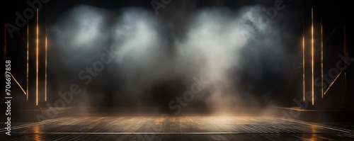 TThe dark stage shows, empty chartreuse, lime, olive background, neon light, spotlights, The asphalt floor and studio room with smoke photo