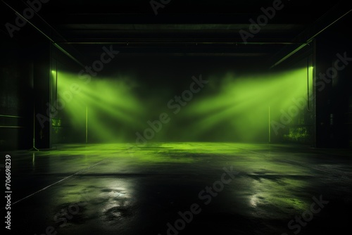 The dark stage shows, empty chartreuse, lime, olive background, neon light, spotlights, The asphalt floor and studio room with smoke © Lenhard