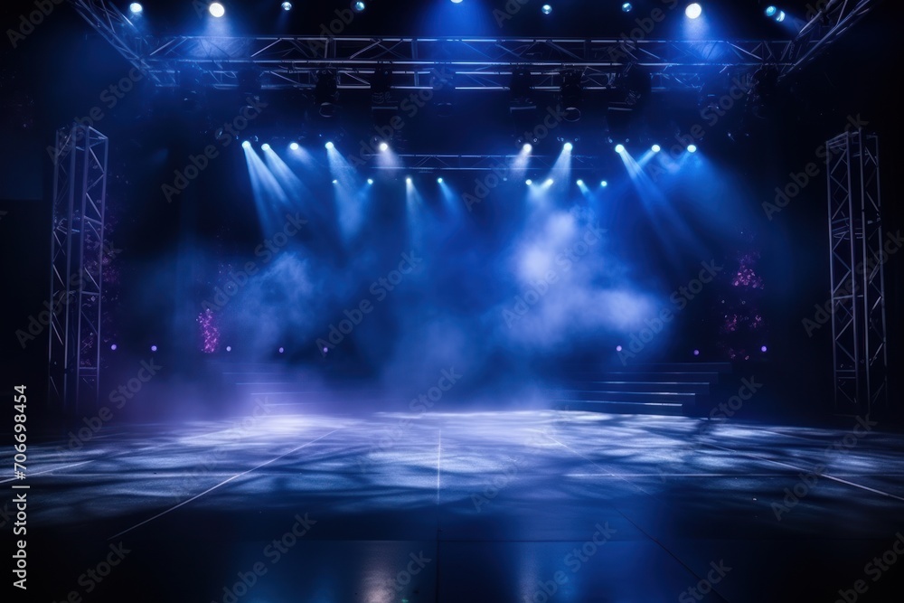 The dark stage shows, empty cobalt, sapphire, azure background, neon light, spotlights, The asphalt floor and studio room with smoke