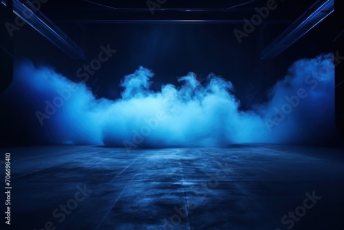 The dark stage shows  empty cobalt  sapphire  azure background  neon light  spotlights  The asphalt floor and studio room with smoke