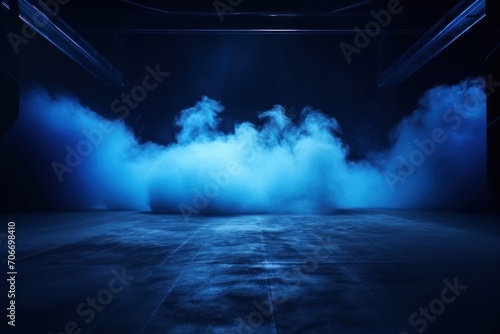 The dark stage shows, empty cobalt, sapphire, azure background, neon light, spotlights, The asphalt floor and studio room with smoke