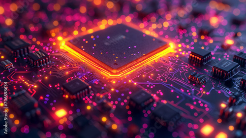 High-resolution, macro shot of a computer chip with intricate circuit details, illuminated in dark purple and yellow lighting