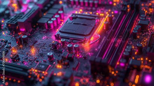 High-resolution, macro shot of a computer chip with intricate circuit details, illuminated in dark purple and yellow lighting
