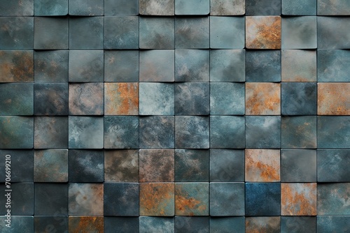 Rustic Blue Square Tiles with Oxidized Copper Patina © Adrian