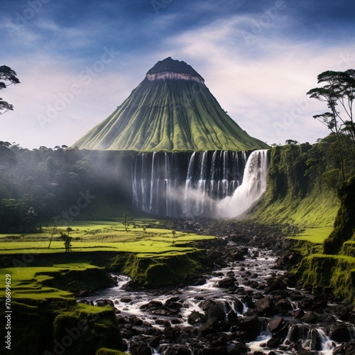 Amazing tumpak waterfall with active volcano wallpaper image Ai generated art