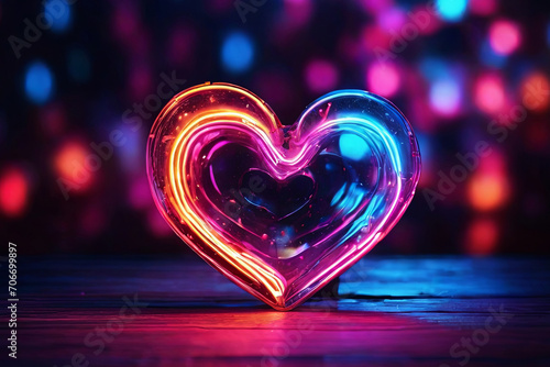 Neon hearts aglow. Vibrant colors illuminate the night, creating a romantic bokeh backdrop. Perfect for Valentine's Day concepts with ample copy space.