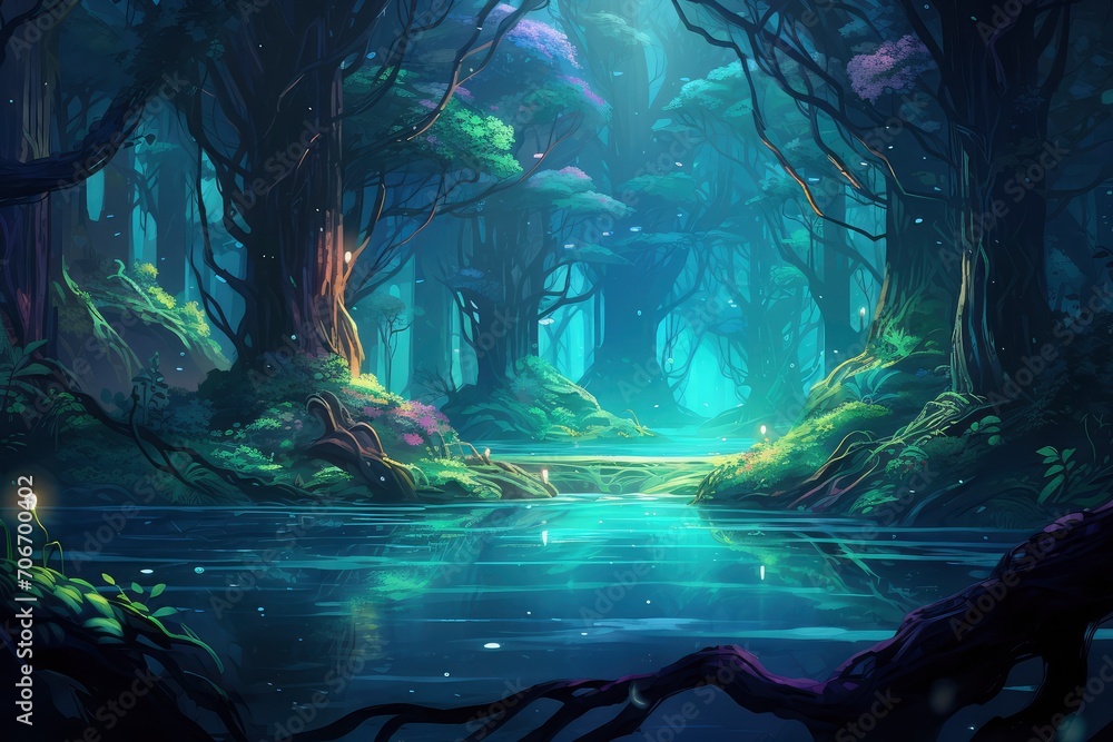 Magical Forest Sanctuary with Bioluminescent Pond