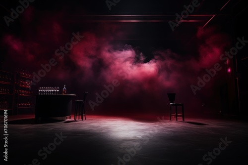 The dark stage shows, empty wine, burgundy, maroon The dark stage shows, empty wine, burgundy, maroon background, neon light, spotlights, The asphalt floor and studio room with smoke © Lenhard