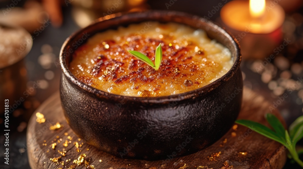 Commercial photograph of a creme brulee with the iconic crack of a sugar crust, decorated with edible gold leaf, in a romantic candlelit setting Commercial photograph of a creme brulee with the iconic crack of a sugar crust, decorated with edible gold leaf, in a romantic candlelit setting