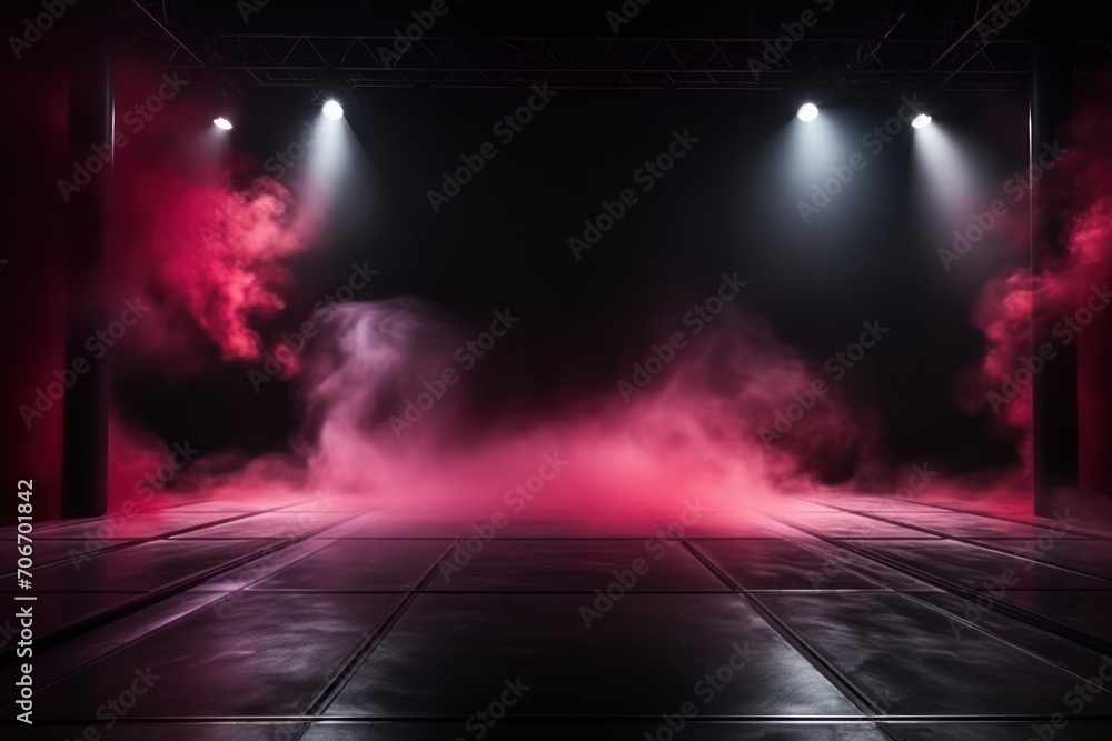 The dark stage shows, empty garnet, ruby, crimson The dark stage shows, empty garnet, ruby, crimson background, neon light, spotlights, The asphalt floor and studio room with smoke
