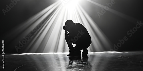 Uma imagem em preto e branco atmosférica retratando um fotógrafo agachado no chão, capturando o ângulo perfeito de um sujeito à luz natural. photo